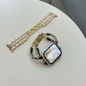 Pulseira de couro para Apple Watch, pulseira de couro para Apple Watch 38/42 41/45mm 8SE 7 6 5 4 3 Lady Pearl, pulseira para iWatch40/44mm 49 Ultra 2