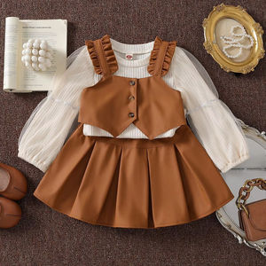 नई शैली लड़कियों लंबी आस्तीन तुले बुनाई टी-शर्ट + स्लीवलेस बनियान + pu चमड़े की स्कर्ट 3 टुकड़े कपड़े सेट - Product Image 1