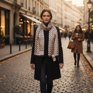 Beige <b>Brown</b> Diamond Pattern Printed Geometric <b>Wool</b> Double Sided Scarf - Product Image 3