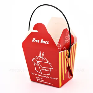 Custom Printed Disposable White Cardboard Packaging For Food Takeout Takeaway Rice Chinese Noodle Packing Paper Box With Handle