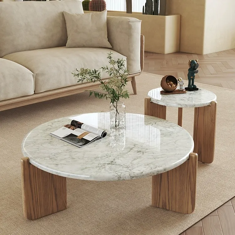 MARS STONE Customized Stone Furniture White Round Marble Table Top Outdoor Garden River Mushroom Wood Leg Marble Coffee Table