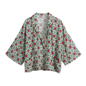 Летняя Цветочная блузка с коротким рукавом, свободная Зеленая и красная блузка с цветочным дизайном, идеально подходит для повседневной одежды, рубашки, укороченный топ