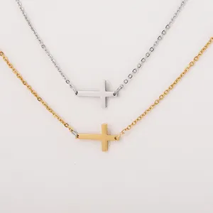 18K Gold Plated Titanium Stainless Steel Clavicle Chain Necklace With Mini Inverted Sideways Cross Pendant Necklace