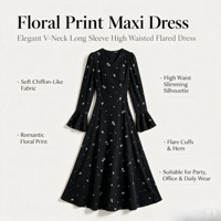 Robe longue évasée à imprimé floral pour femme, col en V, manches longues cloche, taille haute, coupe fluide, élégante pour soirée ou tenue décontractée