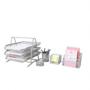 Metal Office Desk Tidy 5 Piece Organiser Set 3 Tier A4 Filing Tray Pen Pot,Memo Pad Holder,Letter Sorter Rack <b>File</b> Holder - Product Image 4