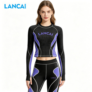 Custom Style OEM&ODM Sportswear Line Contrast Women Workout Fitness Wear Hollow Back Sexy Long Sleeves Peach <b>Hip</b> Yoga Set - Product Image 3