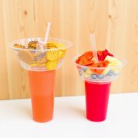 Cangkir Plastik Freyo Tower 2 in 1 untuk Es Krim, Jus, Boba, Teh Buah, dengan Wadah Snack di Atasnya, Ukuran 500ml dan 700ml