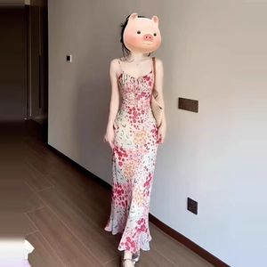 French Style Pink Floral Print Sundress Women Summer 2025 Elegant Bodycon <b>Maxi</b> Dress Spaghetti Strap Natural Waist Leisure - Product Image 5