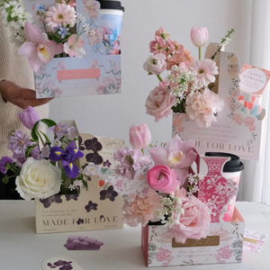 Panier à fleurs simple avec deux tasses à café, arrangement floral, matériel de bricolage floral, bouquet, boîte cadeau avec poignée - Product Image 3