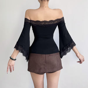 Blusa Elegante de Mujer, Estilo Y2K, con Hombros Descubiertos, Ribete de Encaje, Manga Campana Mediana, Corte Ajustado, Camiseta Sencilla - Product Image 6