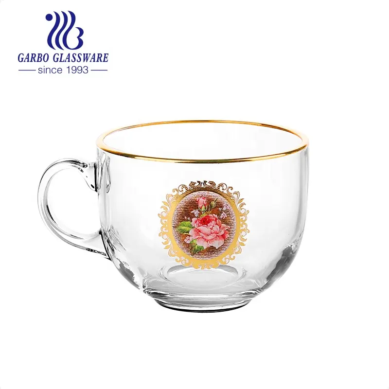 420ml transparent glass mug with gold rim and decal for Arabic Middle East water tea drinking cheap price glass cup with handle