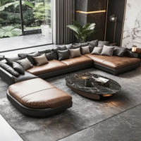 Canapé d'angle modulaire en cuir en forme de L, en bois massif, bicolore, pour salon de villa, mobilier de maison moderne de luxe léger