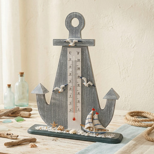 Termómetro náutico retro con ancla, escala decorativa de madera para interiores con diseño de conchas marinas y pájaros para uso doméstico. - Product Image 2