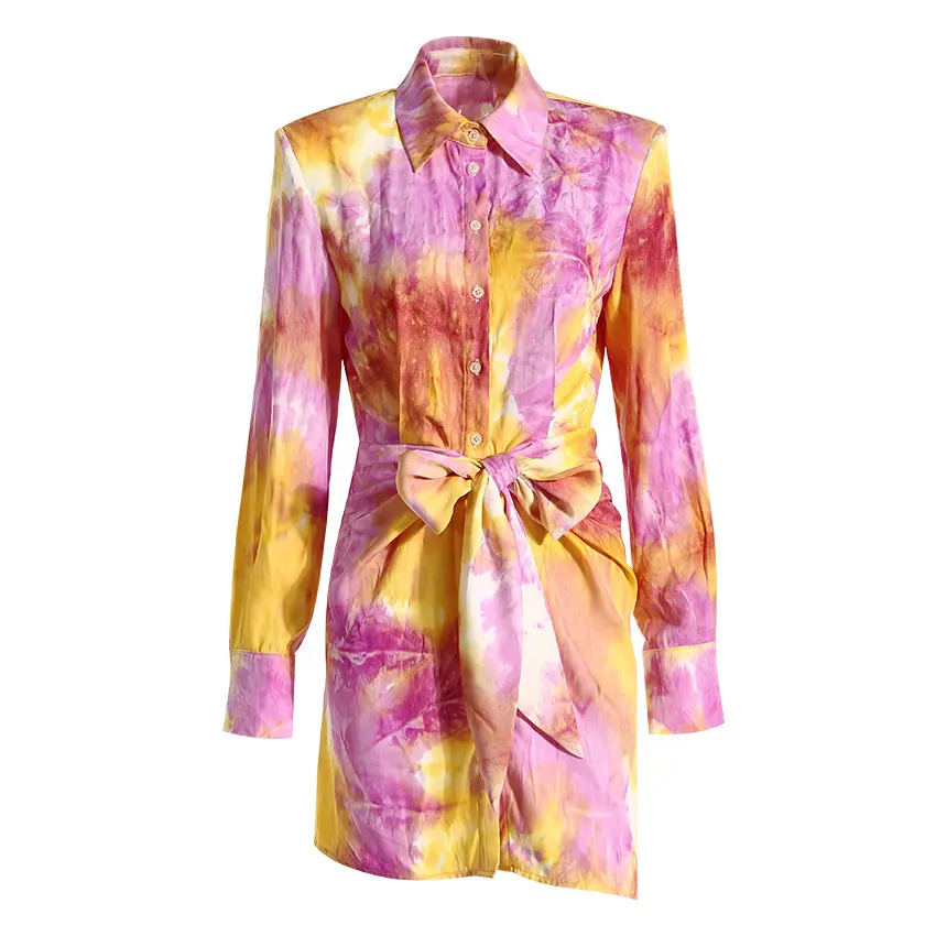 Vestido de cintura feminino com estampa colorida de sonho irregular, vestido de primavera com estampa de meia-cor