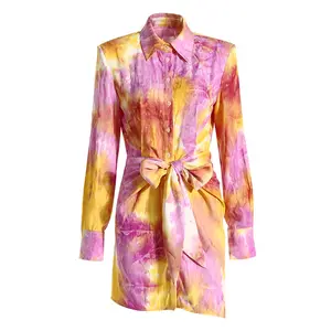 2024 Spring Design Sense Niche Irregular Dream Colorful Printed Tie-dye Shirt Dress Vestido de cintura para mujer