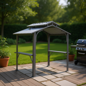 Grey Hardtop Outdoor Gazebo Galvanized Steel Double Roof Patio Deck Shelter With <b>Side</b> Benches For BBQ Garden Use - Product Image 2