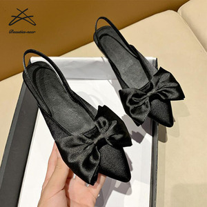 Sandalias planas de satén con lazo para mujer, zapatos planos de tela satinada con lazo a la moda para verano - Product Image 6