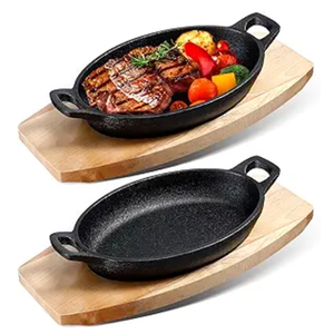 Poêle en fonte avec base en bois Assiettes fajita en fonte Poêle à frire en fonte noire mate pour cuisine Barbecue - Product Image 1