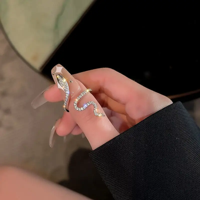 Wholesale Cheap Jewelry Ins Fashion Korea New Vintage Zircon Snake Shaped Adjustable Open Finger Ring Women Accessories