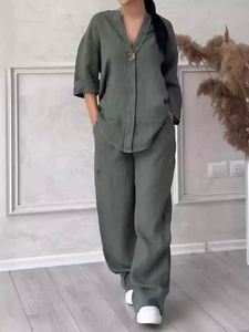 Ensemble 2 pièces en coton pour femmes, chemise à manches longues à col boutonné en V + pantalon long à taille élastique, décontracté et respirant - Product Image 5