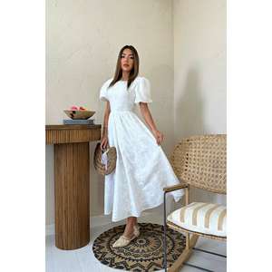 Robe trapèze blanche brodée à nouer dans le dos, taille naturelle, en tissu respirant, décontractée et confortable - Product Image 5