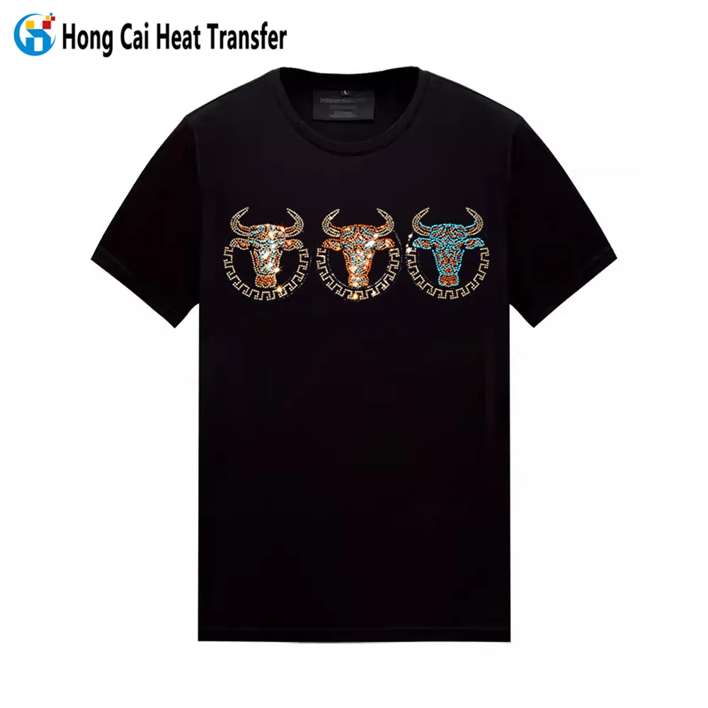 Hongcai t-shirt berlian imitasi perbaikan Panas fashion mewah kustom pola logo desain cetak transfer panas kasual lengan pendek