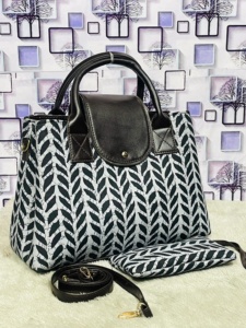 Sac à main en toile ou en tissu de canard épais à motif géométrique feuilles de vigne ou feuillage chevron, avec pochette à cosmétiques assortie - Product Image 2