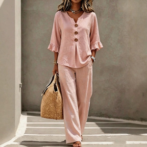 Women's Casual <b>Linen</b> Two Piece <b>Set</b> V Neck Button Top Wide Leg Pants Sky Blue S M L XL XXL XXXL - Product Image 2