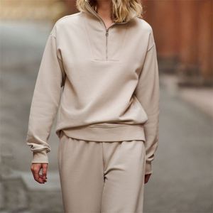 Automne décontracté vêtements de salon solide personnalisé lâche quart fermeture éclair sweat pantalons larges ensembles femmes survêtements - Product Image 2