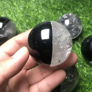 Wholesale polished natural clear quartz and black obsidian joint sphere healing crystal ball for decoration