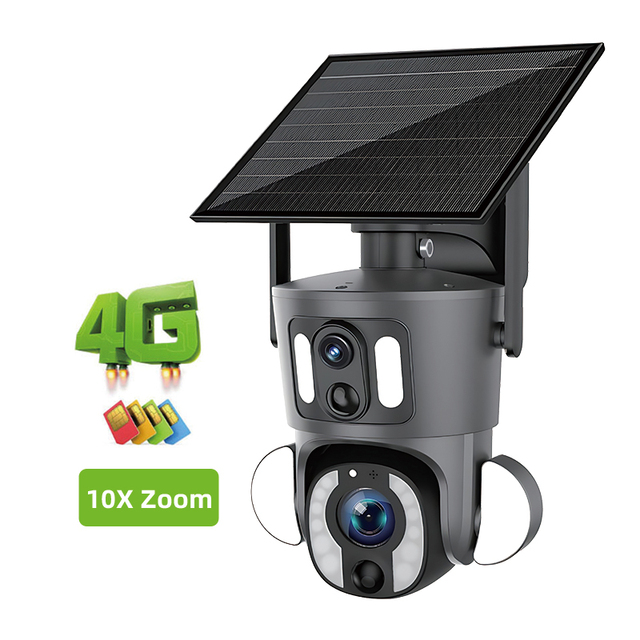 10X Optical Zoom 4MP Dual Lens Surveillance PTZ Battery Camera Color Night Vision PIR Detection Audio Solar Camera Sim 4G