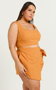 Oem Custom <span class=keywords><strong>Matching</strong></span> Coord Casual Feminino Quadrado Pescoço Sem Mangas Colheita Tops Linho Mini Envoltório Saia de Duas Peças Conjuntos para As Mulheres - Product Image 4