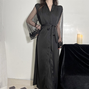 Camicia da notte da <span class=keywords><strong>donna</strong></span> Sexy accappatoio lungo di seta di ghiaccio bianco pigiama a maniche lunghe in pizzo pigiama a maniche lunghe abito rosso a tunica nero - Product Image 1
