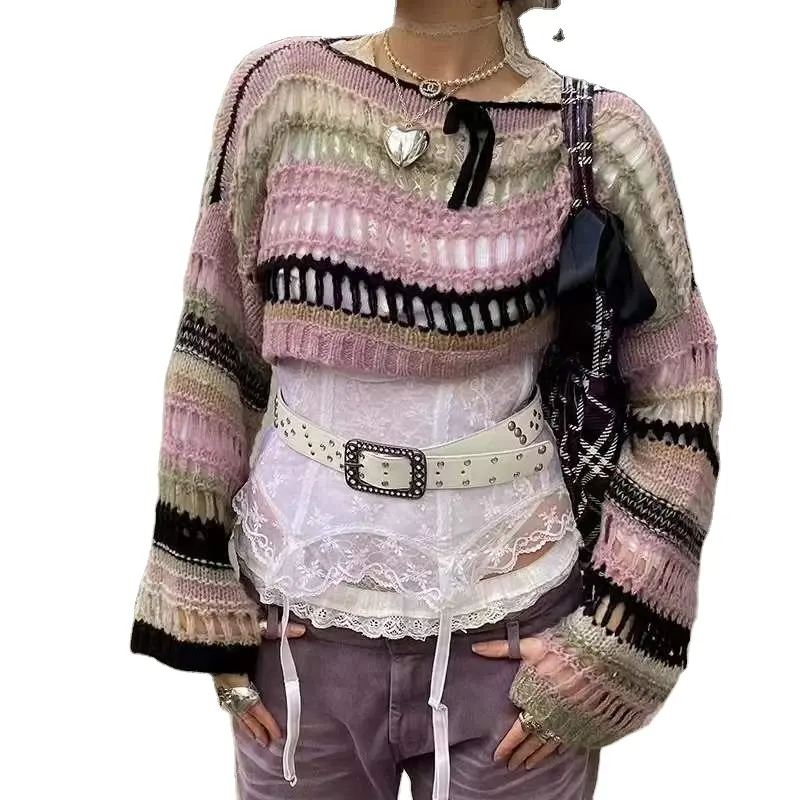 공장 아울렛 숙녀 스웨터 크로 셰 뜨개질 투각 니트 스웨터 긴 소매 배꼽 패션 상의 여자 여성 여름 짧은 얇은