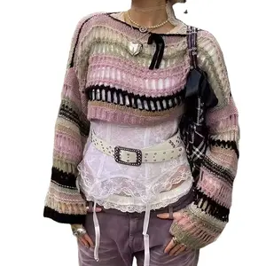 Factory Outlet Señoras Suéter Crochet Calado Suéter de punto Manga larga Ombligo Moda Tops para niñas Mujeres Verano Corto Delgado