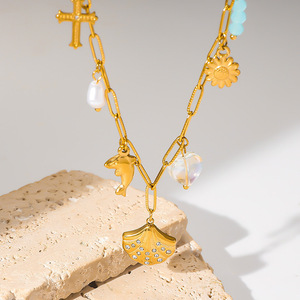 European American Retro Gold Plated Dolphin Scallop Pendant Necklace With Iridescent Heart Pearl Stainless Steel Chain Gift - Product Image 3