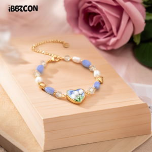 Fashion <b>Beaded</b> <b>Bracelet</b> 316L Stainless Steel PVD <b>Gold</b> Plating Heart Charm Blue Pearl Crystal Beads Women's Jewelry - Product Image 3