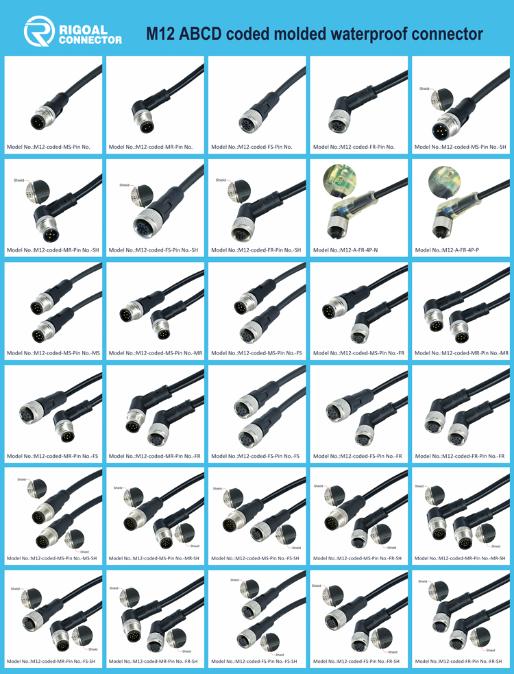 Male Female M12 Circular Waterproof Connector X Cording 5 Pin Cable Connector IP68