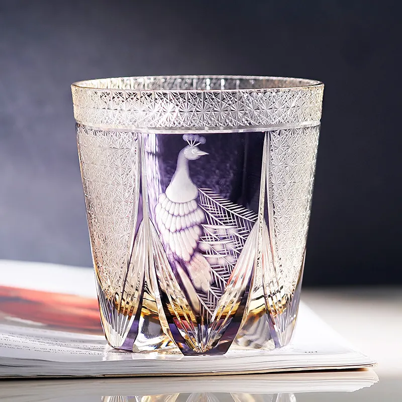 32 Cl Grote Edo Kiriko Paarse Pauw Ouderwets Glas Voor Met Ijs Gevuld Paars Kristalglas Whisky Tumbler Manhattan Glas