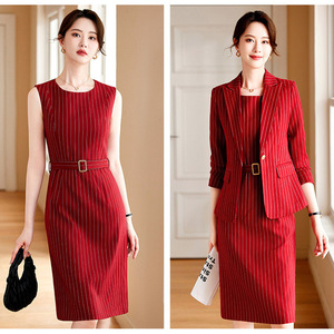 Women Striped Suit Set Midi Skirt Polyester Anti-Wrinkle <b>Work</b> Commute - Product Image 1