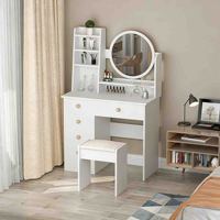 Table de toilette moderne en chêne européen avec miroir éclairé, étagères, tiroirs et tabouret – Prix usine 2026