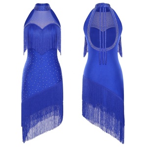 Vestido de baile latino para mujer con flecos, pedrería, licra, cuello halter, malla asimétrica, ajustado, para salsa, baile de salón, competición - Product Image 2