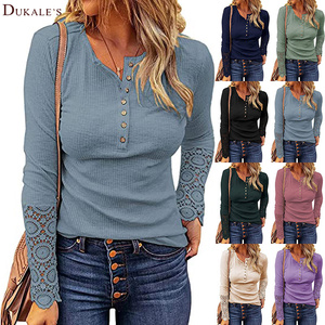 Áo Dáng Dài Ôm Có Cúc Áo Thun Dài Tay Ren Cho Nữ Áo Dáng Ôm Thanh Lịch Màu Trơn Áo Sơ Mi Dệt Kim Gân Cổ Tròn Co Giãn Áo Cánh - Product Image 1