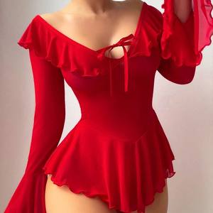 Seksi sıcak elbise kadın pilili yaka, sıkı çan şekilli kollu, Ruffled Hem, şeffaf nakış dekorasyon - Product Image 3