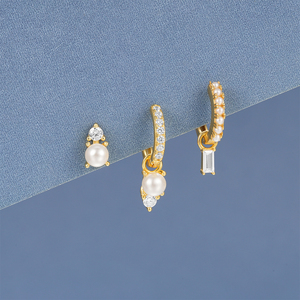 Juego de 3 Piezas de Aretes CANNER de Plata Esterlina 925 con Perlas Geométricas, Circonitas y Aros Huggies - Product Image 2
