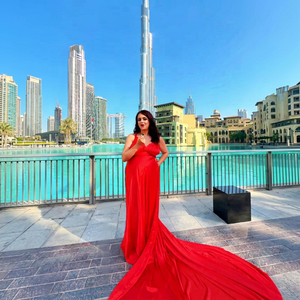 Elegant Vibrant <b>Red</b> Long Train Flying <b>Dress</b> for Dubai Photoshoot Stunning <b>Floor</b> <b>Length</b> Satin Maxi Gown V Neck Sleeveless <b>Dress</b> - Product Image 1