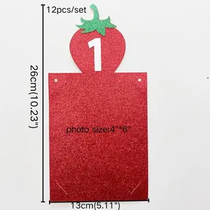 Strawberry Theme Baby's Birthday Party ONE Banner Flag From January To December Glitter Paper Photo Frame Banner Cake Insert