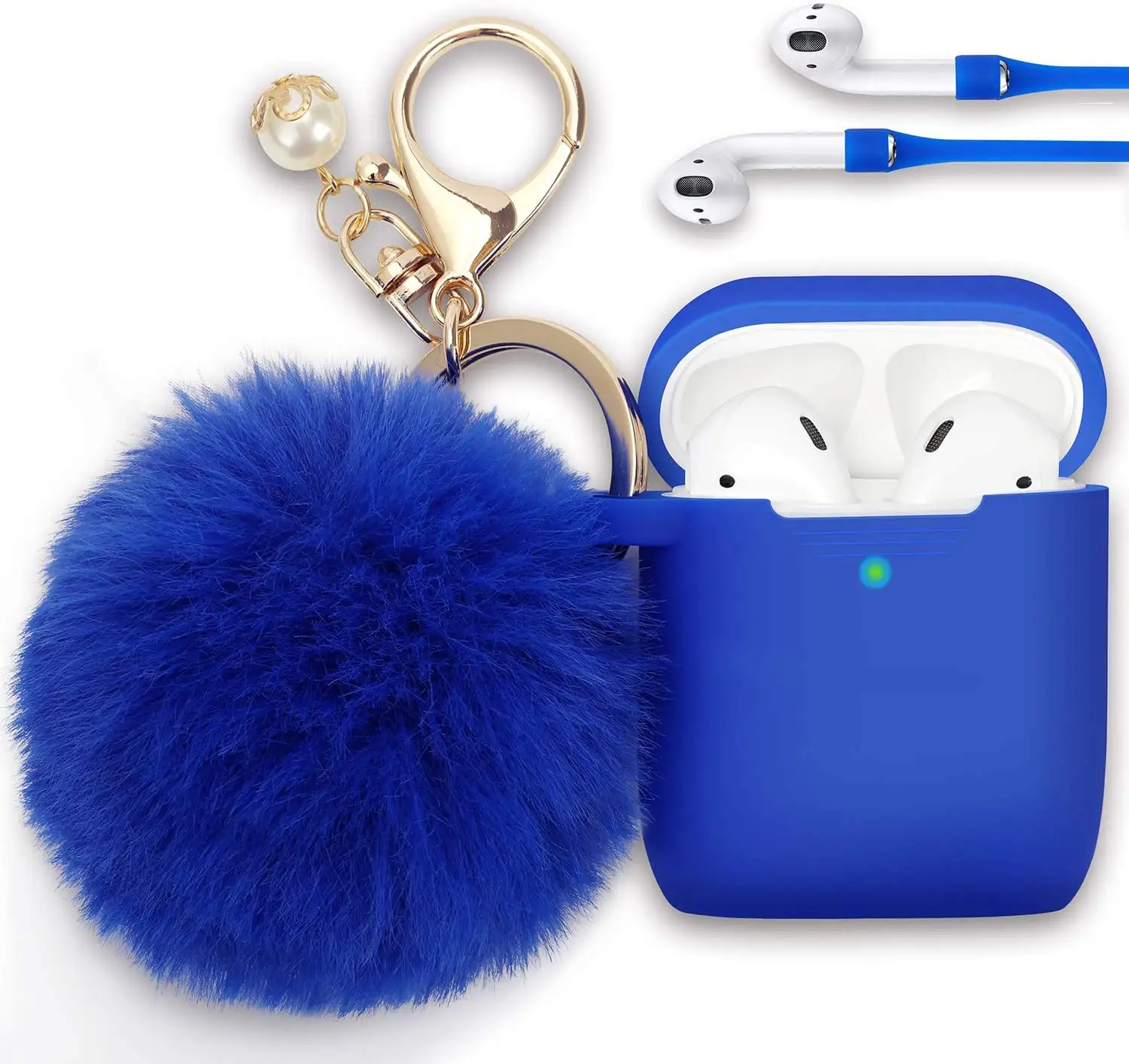 2023 untuk Airpod Casing Silikon Imut untuk Airpod Casing Penutup dengan Gantungan Kunci Pom Pom untuk Apple Airpod 2 & 1 Biru Mewah