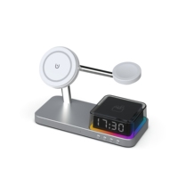 Chargeur sans fil magnétique 3-en-1 en alliage d'aluminium avec horloge numérique, veilleuse LED et charge rapide 15W pour téléphone et écouteurs - Chevet