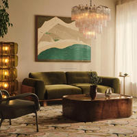 Canapé FERLY de style Japandi en velours vert olive, canapé moderne minimaliste 2 places avec base en bois massif et pieds épais